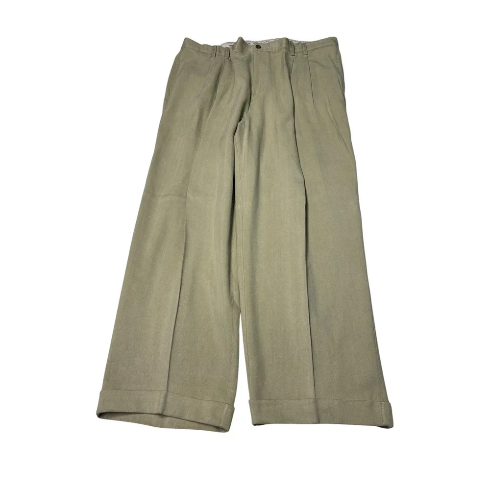 Tommy Bahama Men 40X27 100% Silk Herringbone Pleated Wide Leg Cuffed Pants Khaki